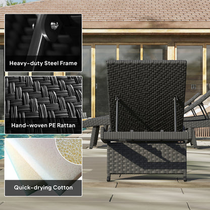 Outsunny Outdoor PE Rattan Sun Lounger, Folding Wicker Garden Lounger Recliner with 4-Level Adjustable Backrest, Rolling Sunbed Lounge Chair with Wheels, Non-Slip Legs for Balcony, Beach, Black