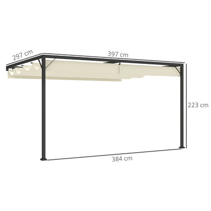 Outsunny 4 x 3(m) Outdoor Lean To Pergola Retractable Canopy Wall Mounted Gazebo Patio Shelter Sun Shade, Cream White