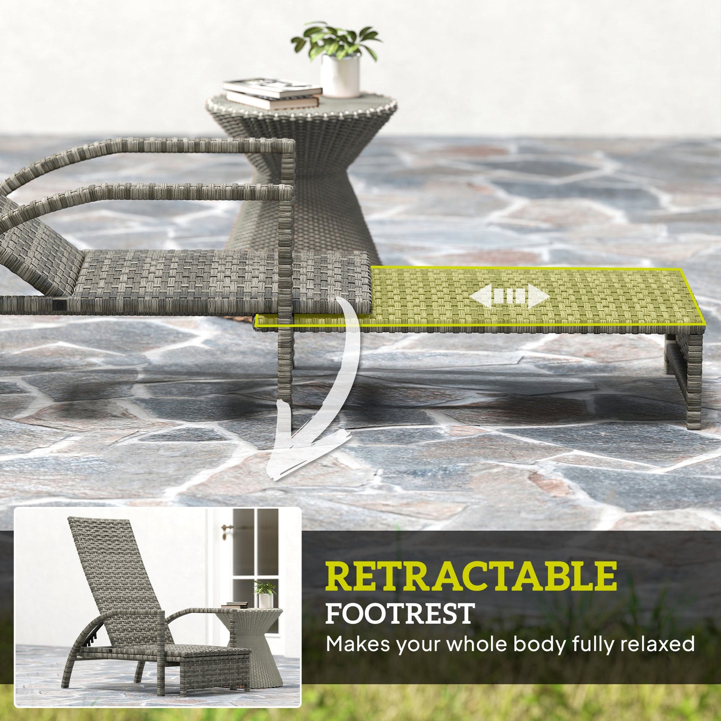 Outsunny Reclining Rattan Lounger, with Extending Footrest - Grey