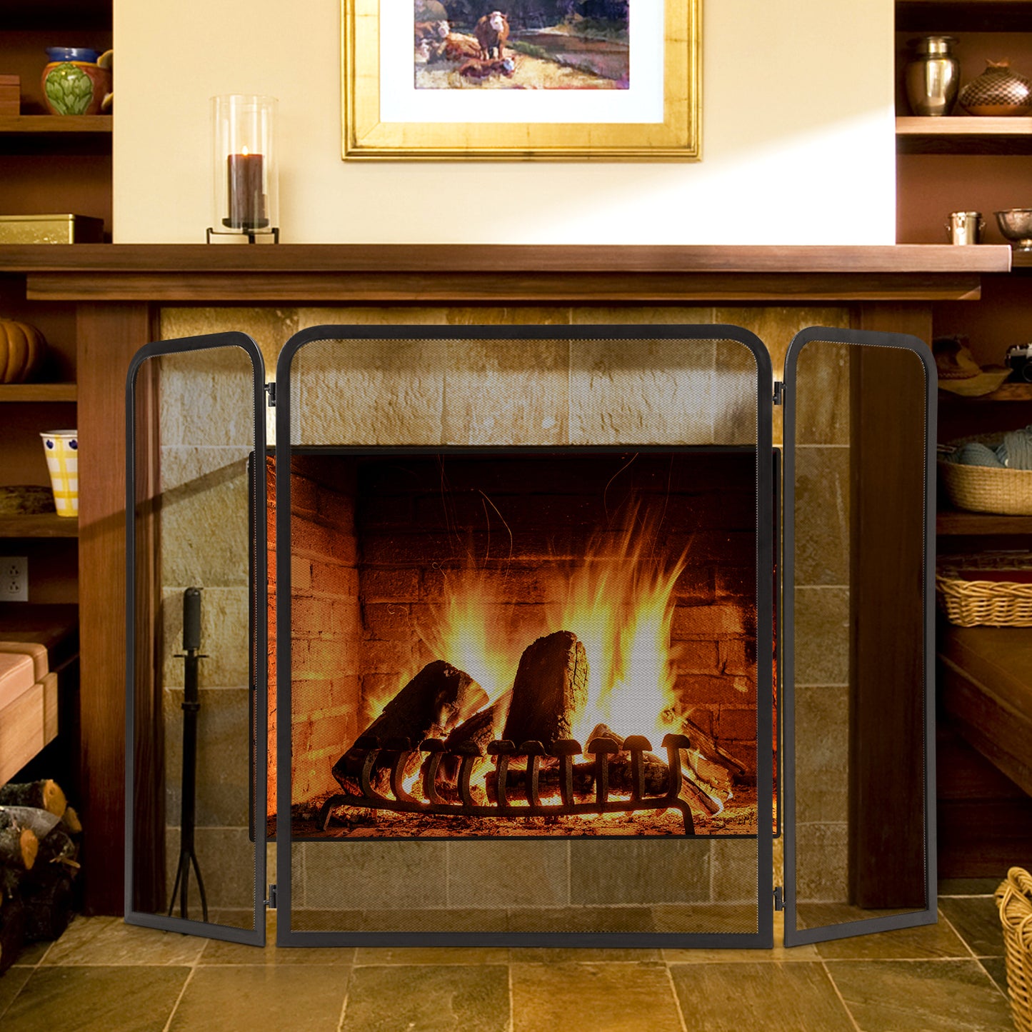 3-Panel Fireplace Screen with Flexible Hinges and Heavy-duty Metal Frame