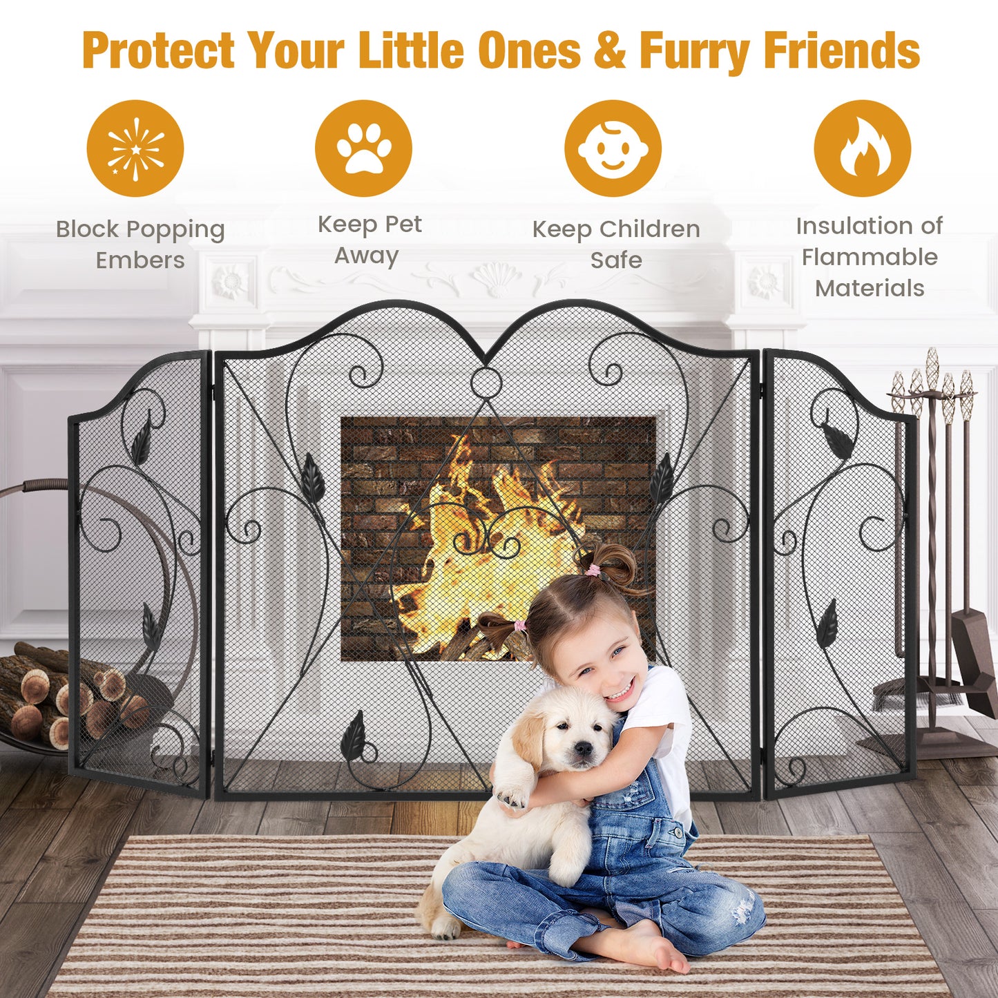 3 Panel Fireplace Screen with Flexible Hinges for Living Room Bedroom