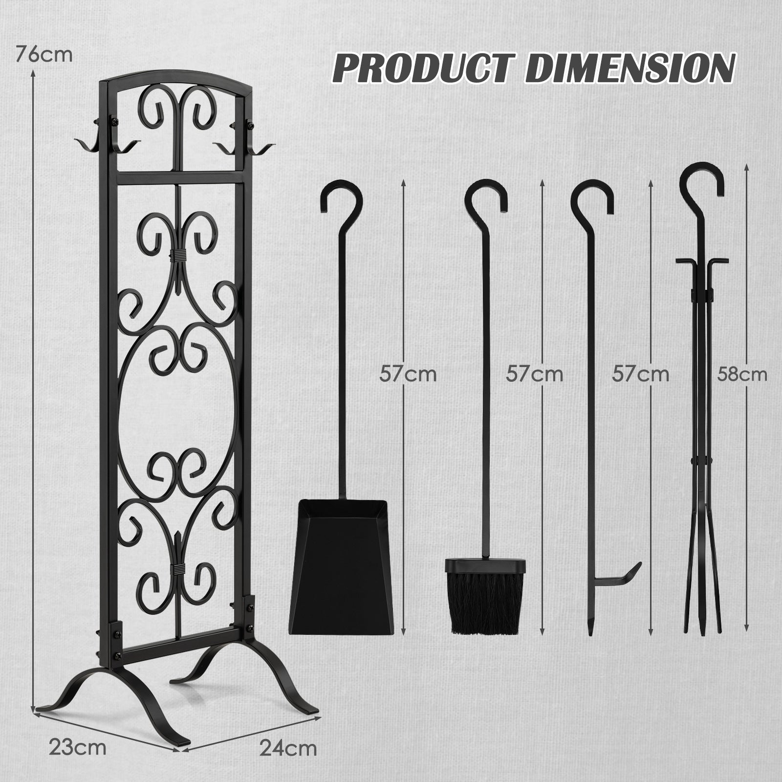 5-Piece Fireplace Tool Set with Tong, Brush, Shovel, Poker, Stand