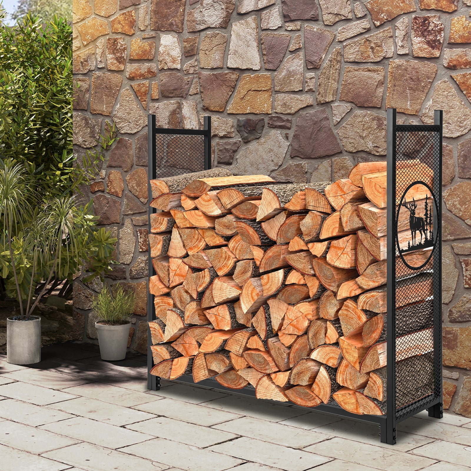 Firewood Rack Stand with Mesh Sides and Deer Tree Patterns – GardenArch
