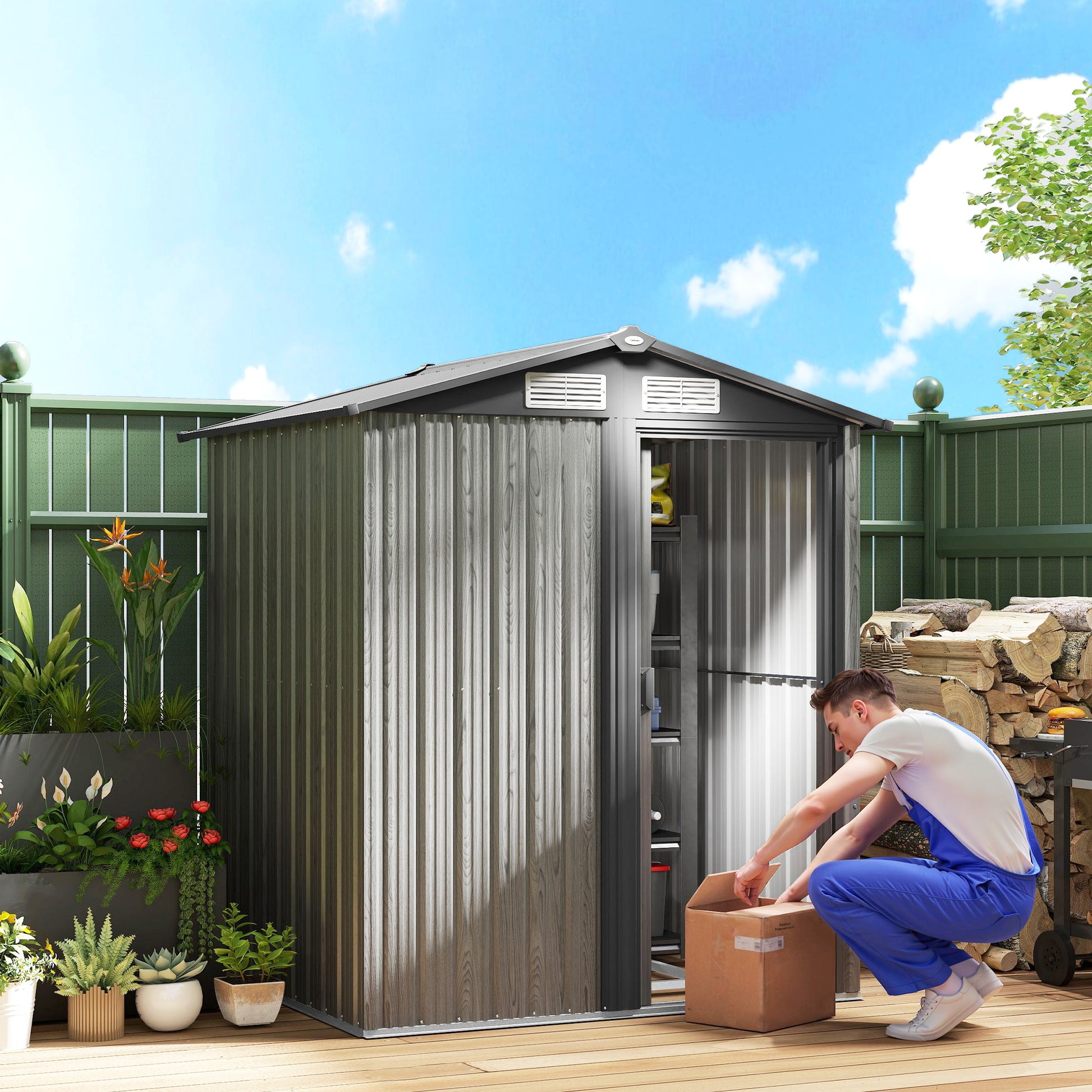 Outsunny 4.3 x 5ft Outdoor Garden Storage Shed - Grey Wood Effect
