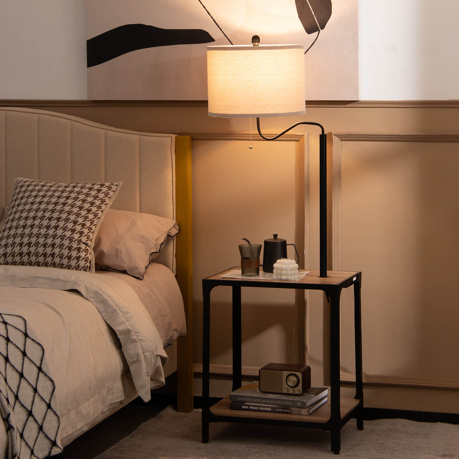 Floor Lamp with End Table and USB Charging Ports with Rotatable Lamp Arm