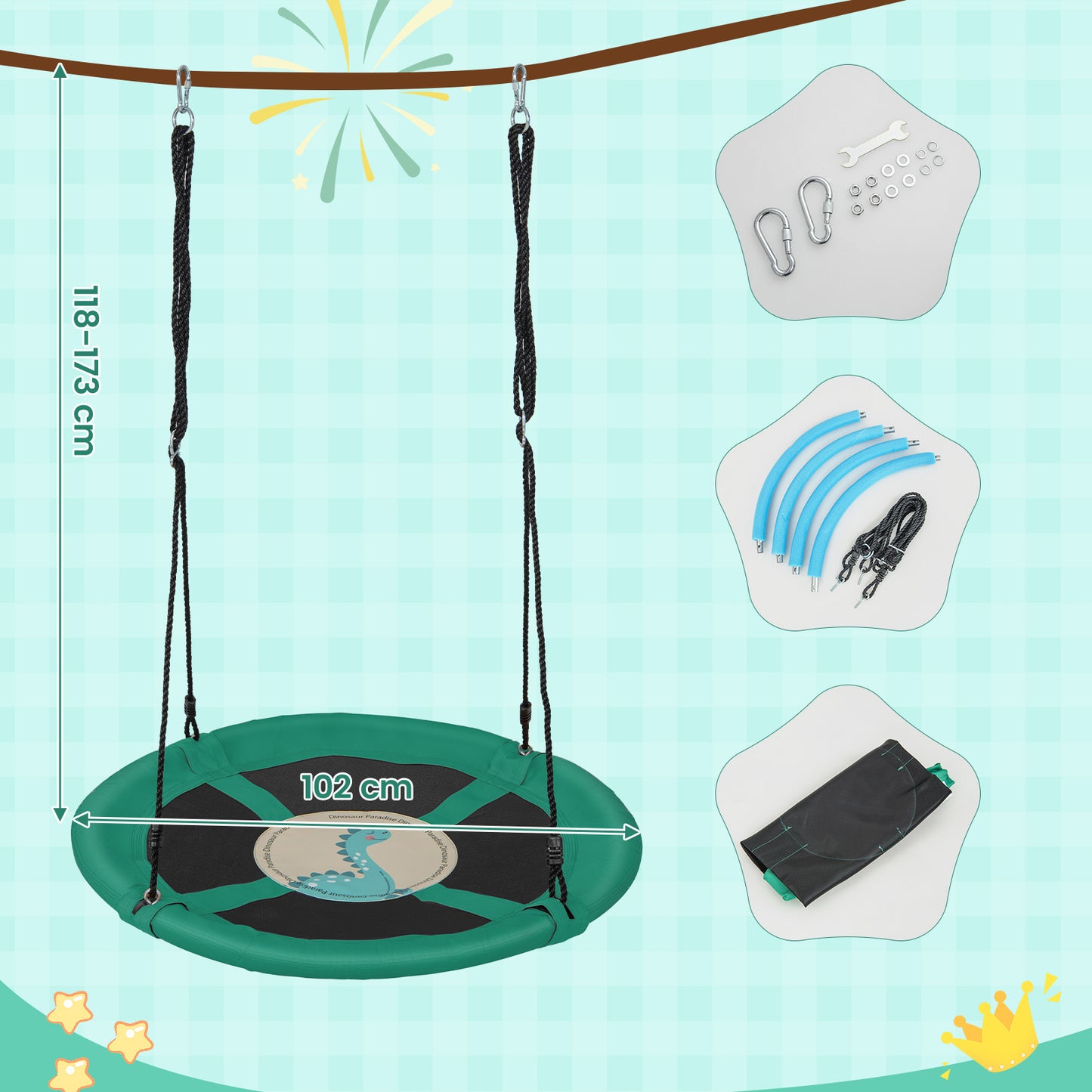 100cm Round Saucer Tree Swing with Adjustable Ropes-Green