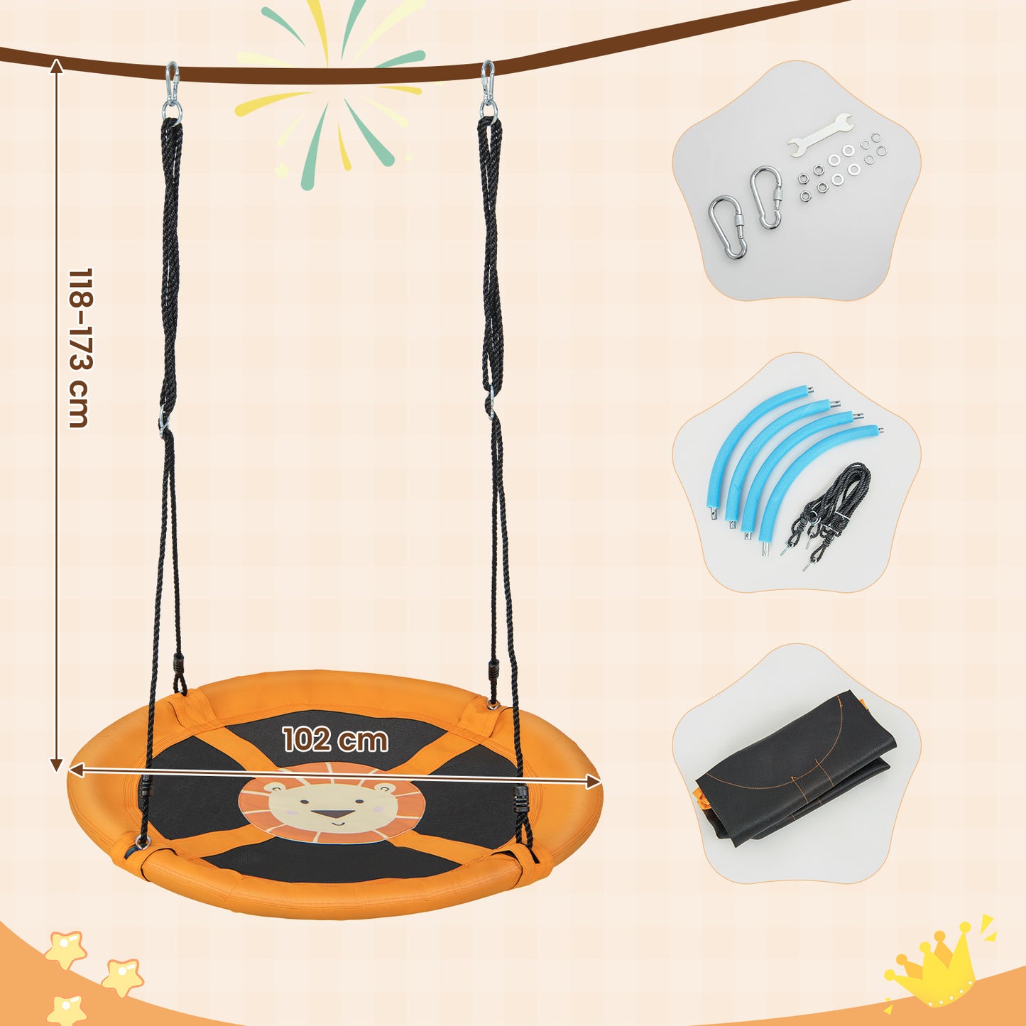 100cm Round Saucer Tree Swing with Adjustable Ropes-Yellow