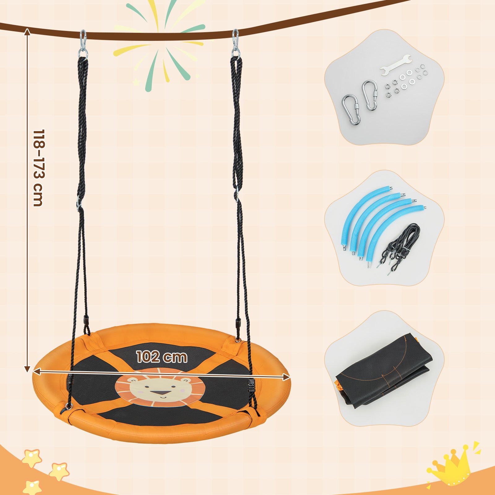 100cm Round Saucer Tree Swing with Adjustable Ropes-Yellow