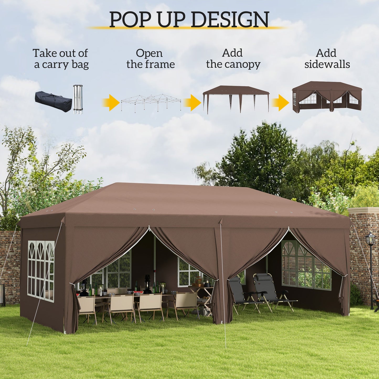 Outsunny 3 x 6 m Pop Up Gazebo with Sides and Windows, Height Adjustable Wedding Camping Party Tent Canopy Marquee with Storage Bag for Garden, Event, Brown