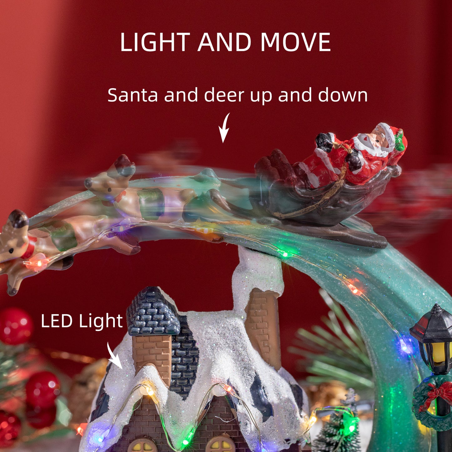 HOMCOM Fountain Christmas Village, Santa and Deer Animated Winter Wonderland Set with Multicoloured LED Light, Plug-In Christmas Decoration