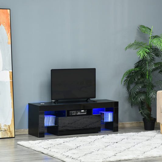 HOMCOM High Gloss TV Stand Cabinet with LED RGB Lights and Remote Control for 43"/50"/55" TV, Media TV Console Table with Storage Drawer and Shelf