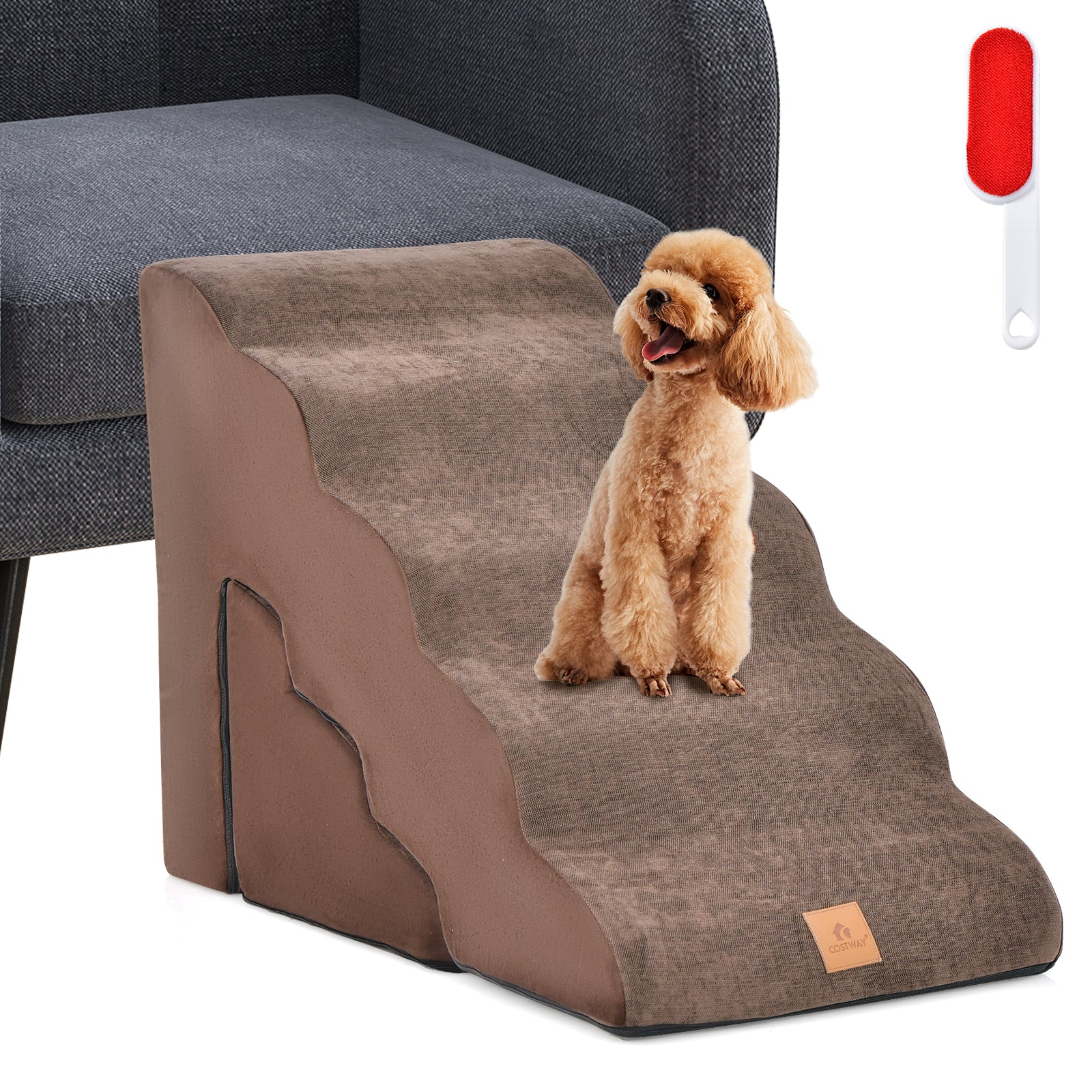 Foam Pet Stairs Set with 5-Tier and 3-Tier Dog Ramps-Brown