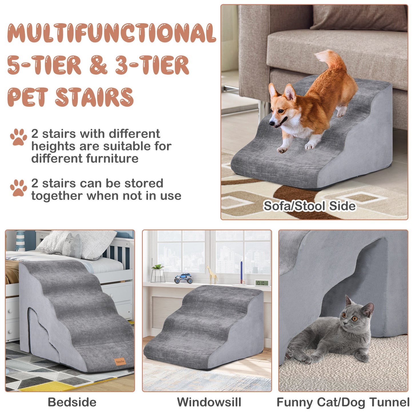 Foam Pet Stairs Set with 5-Tier and 3-Tier Dog Ramps-Grey