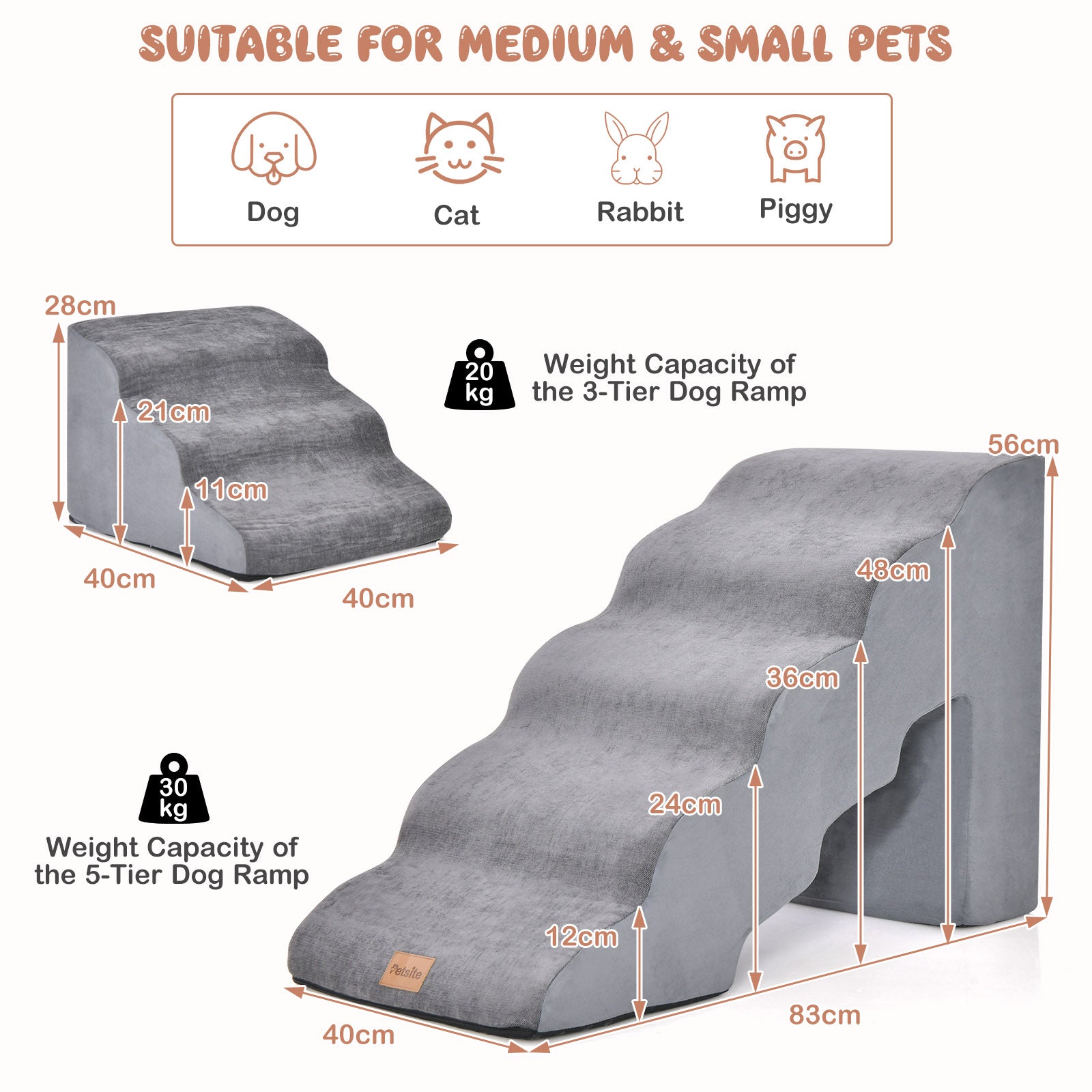 Foam Pet Stairs Set with 5-Tier and 3-Tier Dog Ramps-Grey