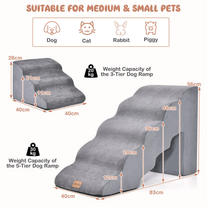 Foam Pet Stairs Set with 5-Tier and 3-Tier Dog Ramps-Grey