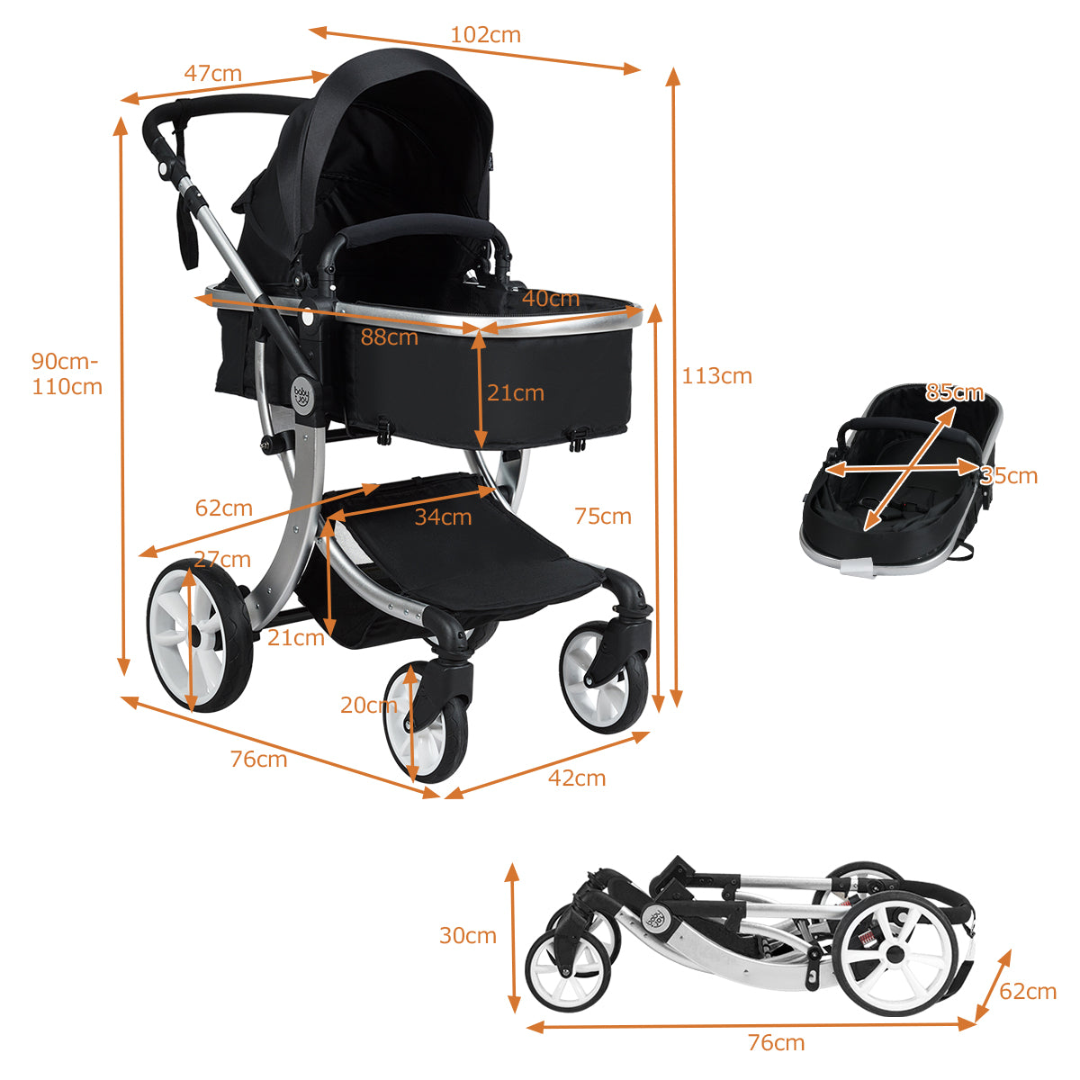 2 in 1 Foldable Baby Stroller with Rain Cover and Mosquito Net-Black