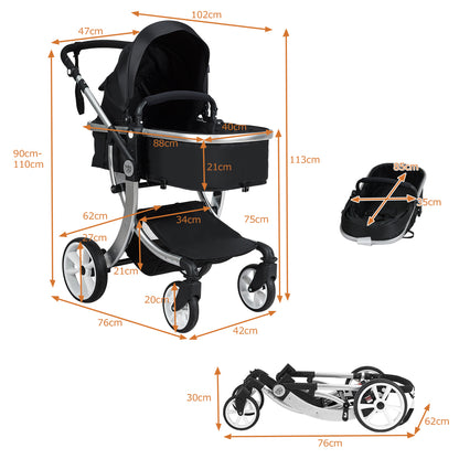 2 in 1 Foldable Baby Stroller with Rain Cover and Mosquito Net-Black