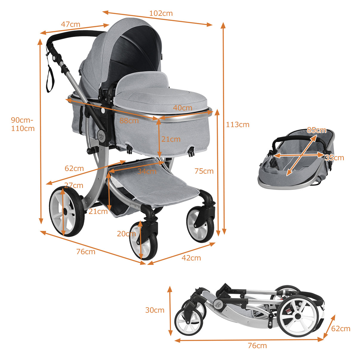 2 in 1 Foldable Baby Stroller with Rain Cover and Mosquito Net-Grey