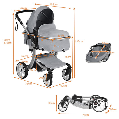 2 in 1 Foldable Baby Stroller with Rain Cover and Mosquito Net-Grey
