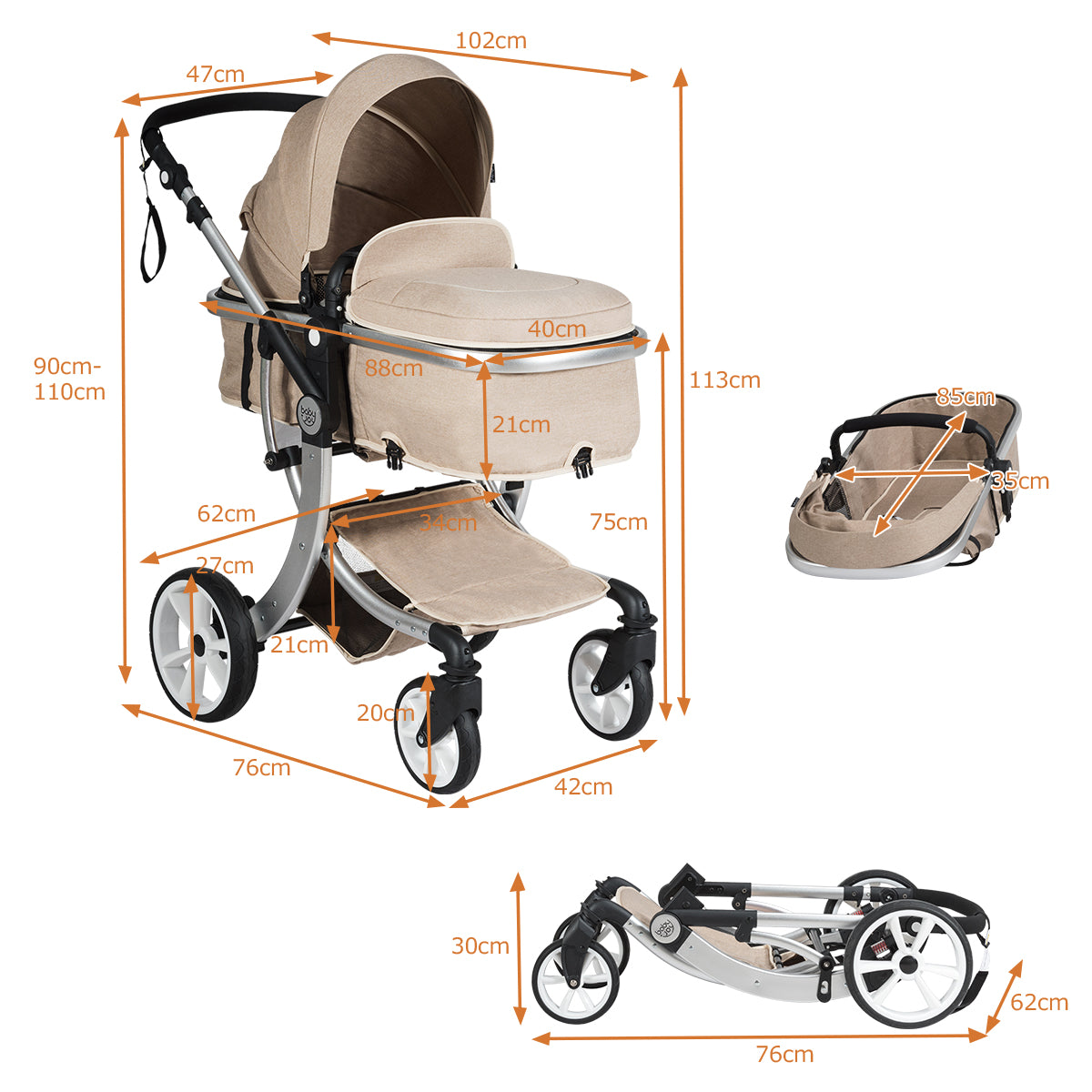 2 in 1 Foldable Baby Stroller with Rain Cover and Mosquito Net-Beige