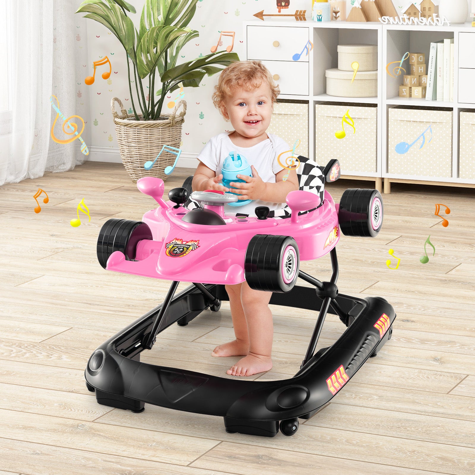 4-in-1 Foldable Baby Walker with Adjustable Height and Detachable Tray-Pink