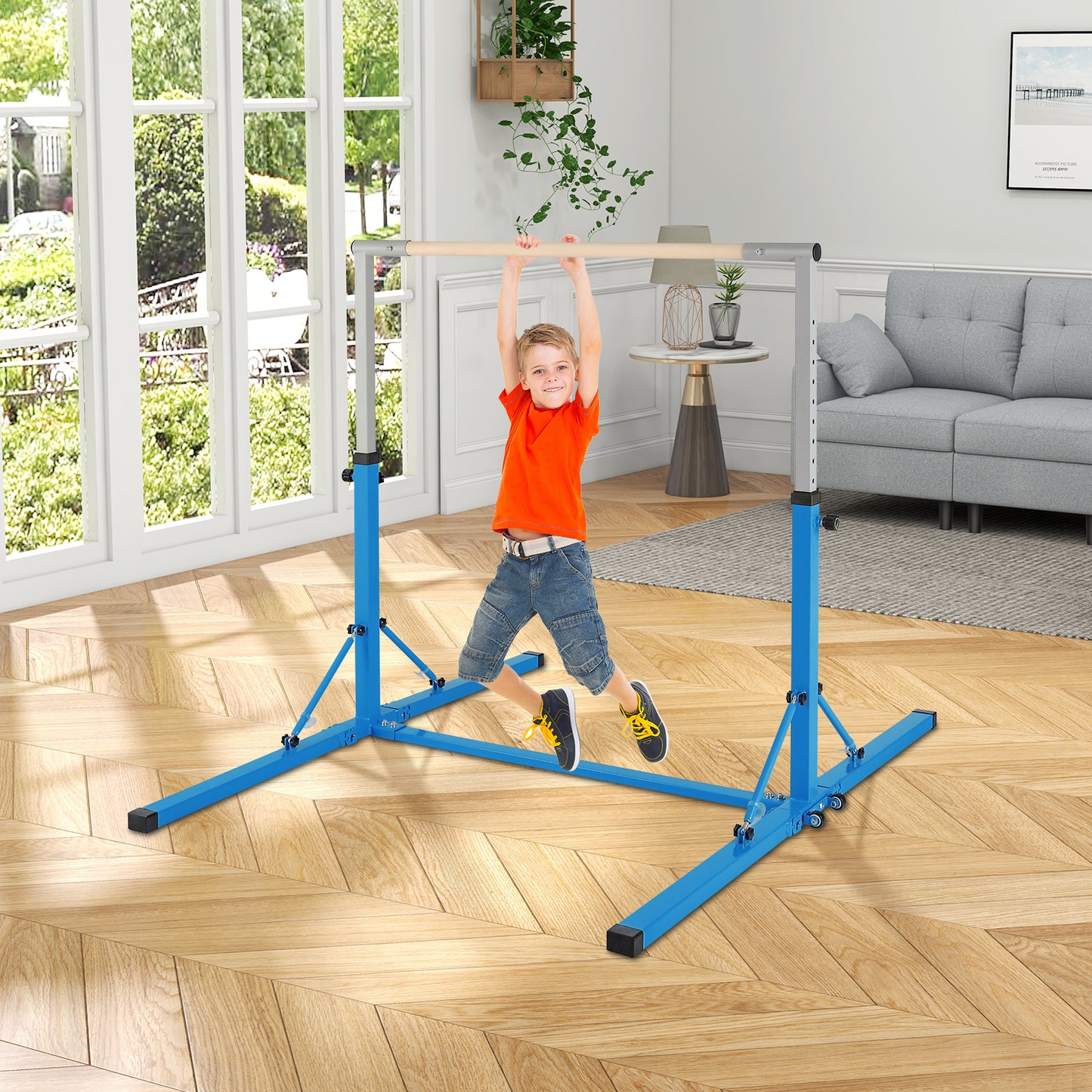 Kids Foldable Gymnastics Bar with 13 Adjustable Height-Blue