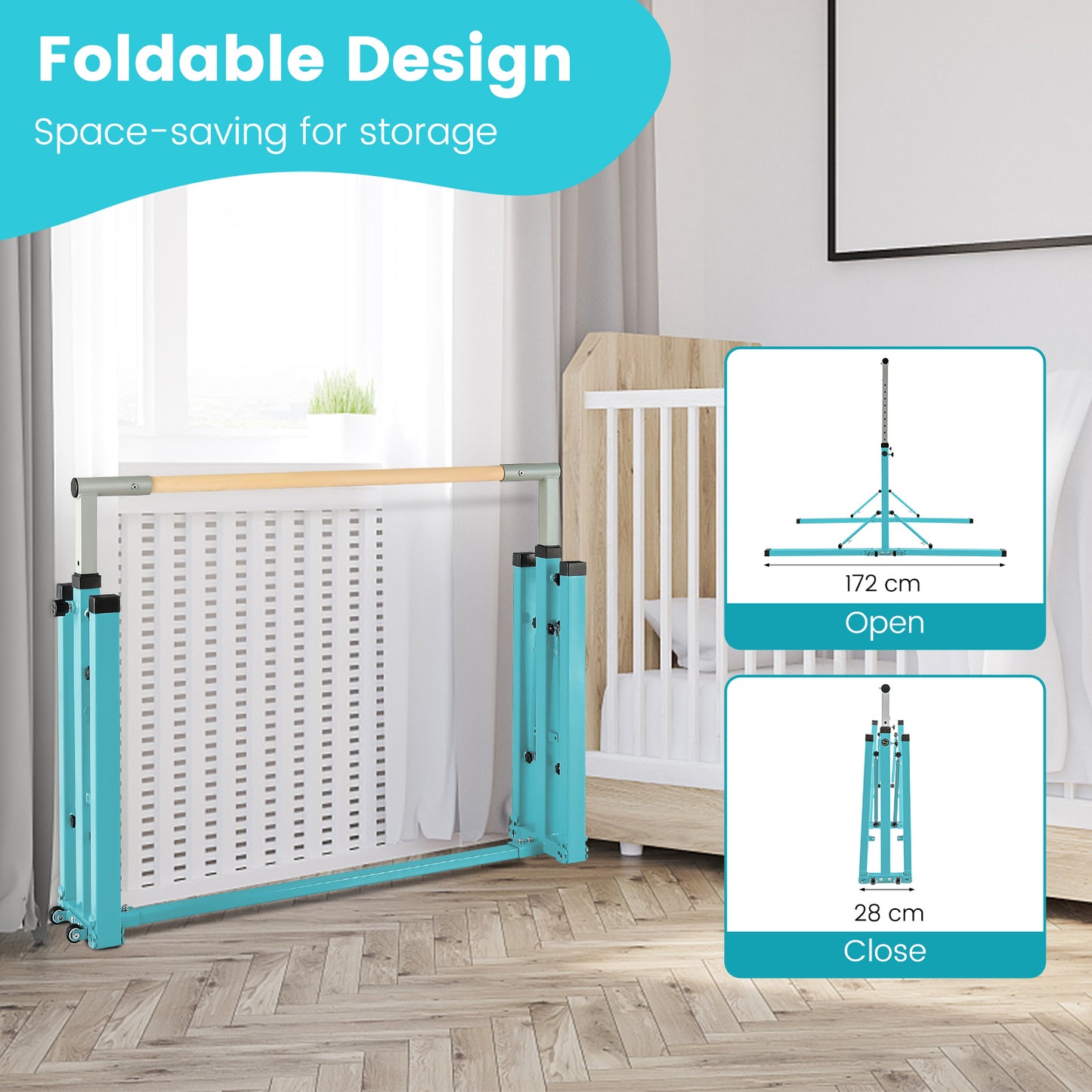 Kids Foldable Gymnastics Bar with 13 Adjustable Height-Green