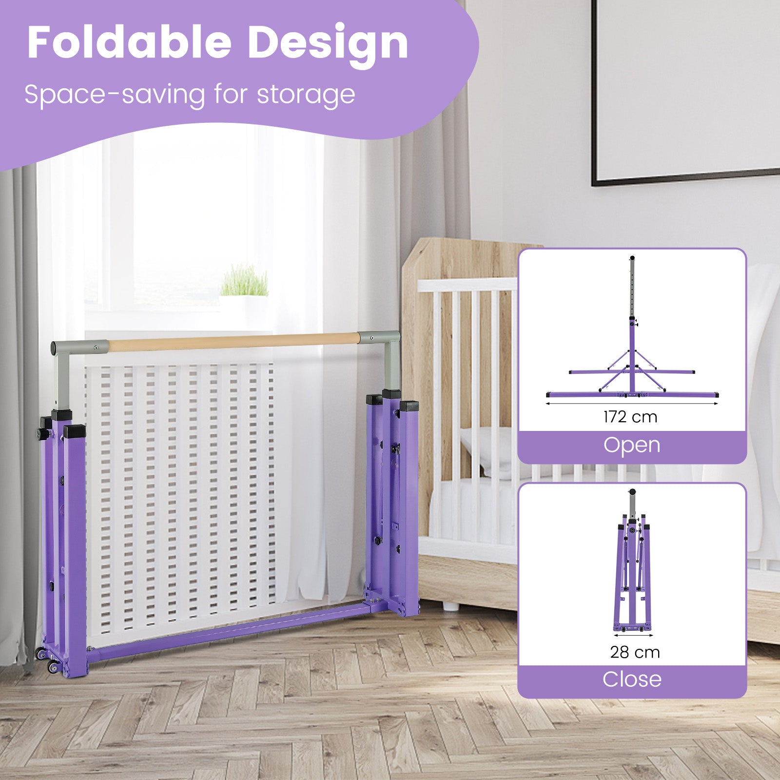 Kids Foldable Gymnastics Bar with 13 Adjustable Height-Purple