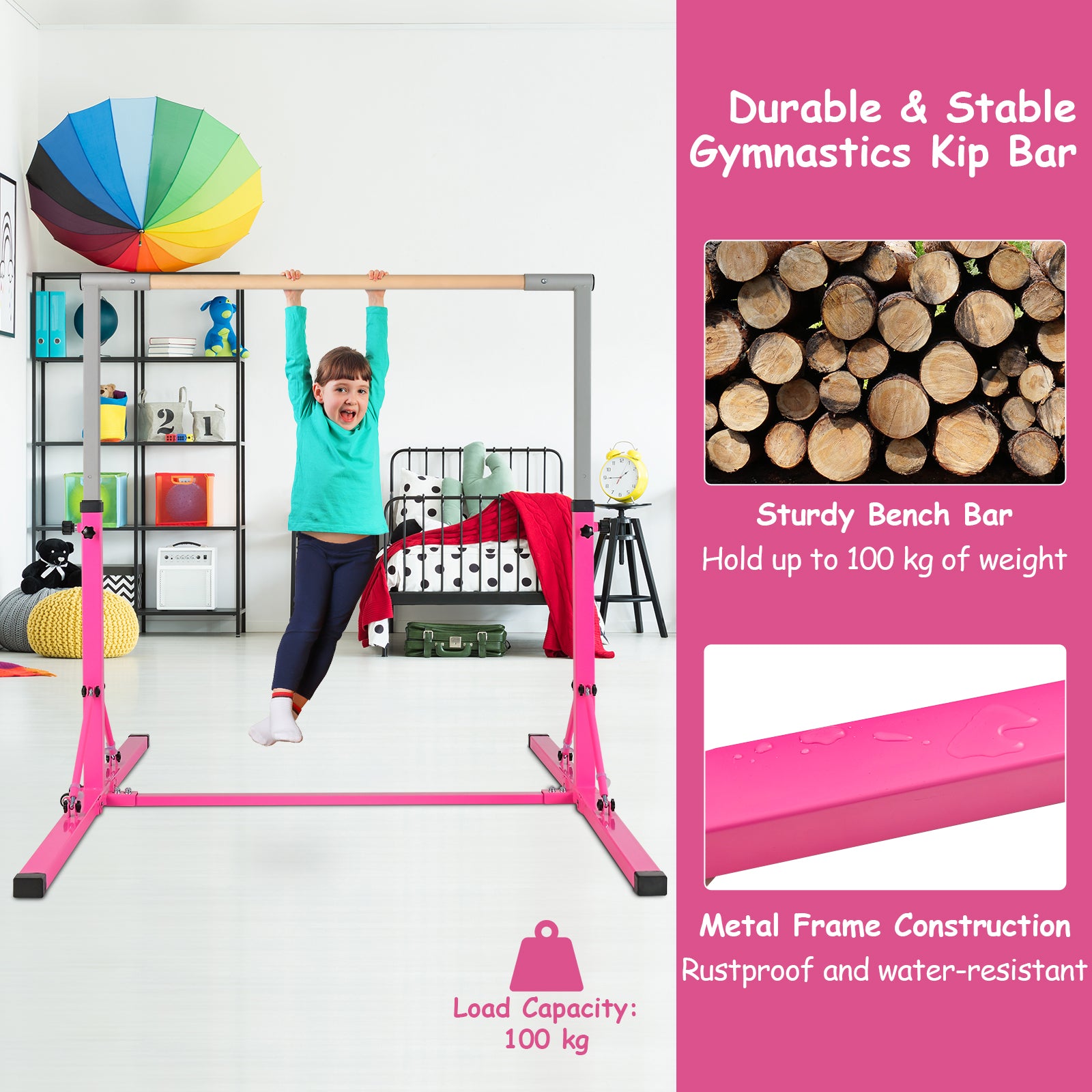 Kids Foldable Gymnastics Bar with 13 Adjustable Height-Pink