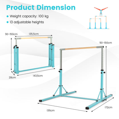 Kids Foldable Gymnastics Bar with 13 Adjustable Height-Green
