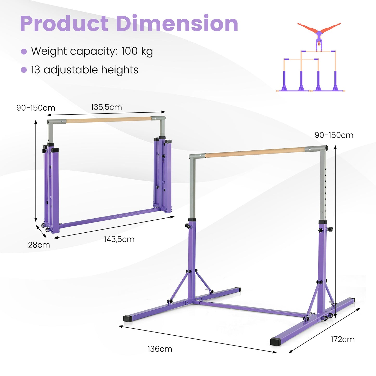 Kids Foldable Gymnastics Bar with 13 Adjustable Height-Purple