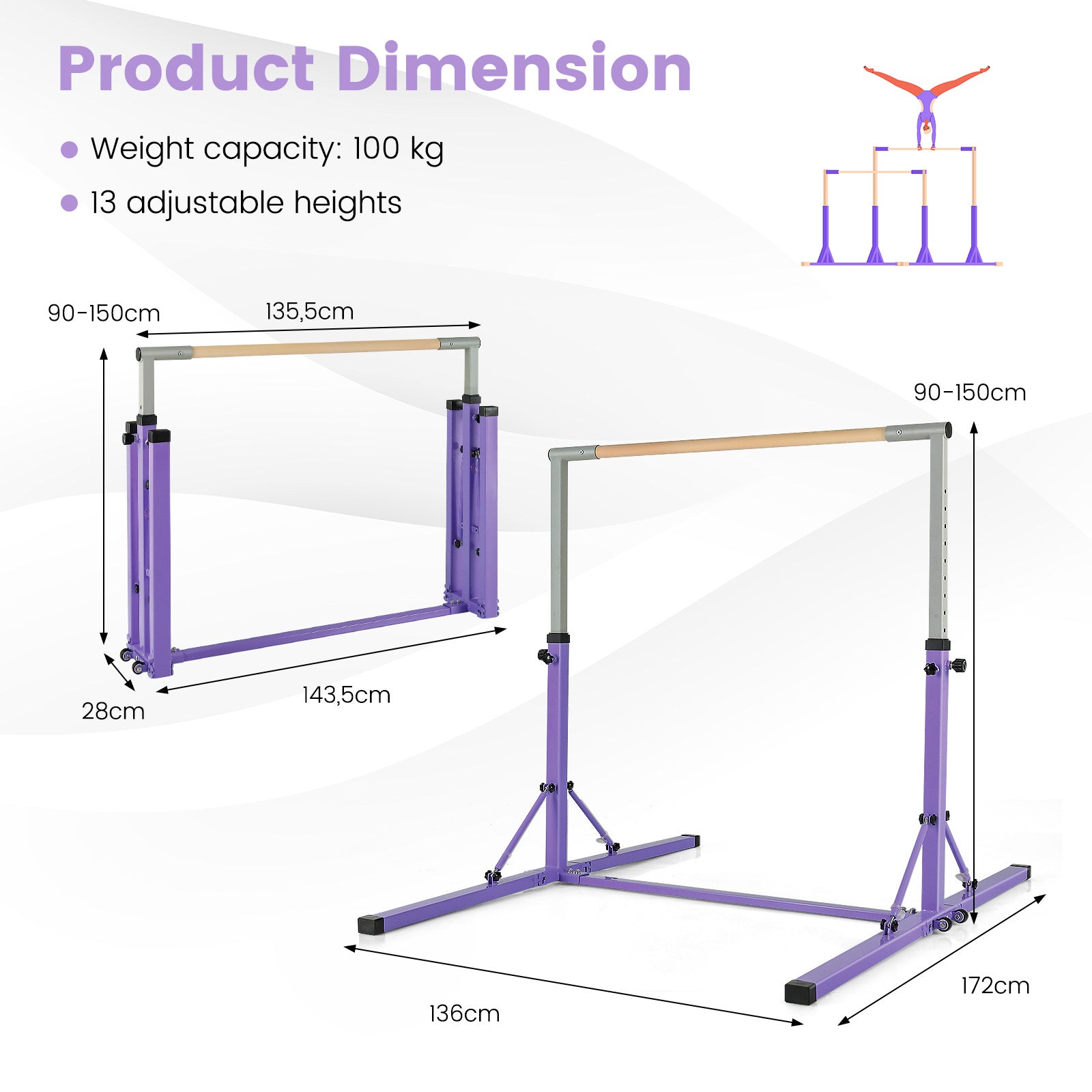 Kids Foldable Gymnastics Bar with 13 Adjustable Height-Purple