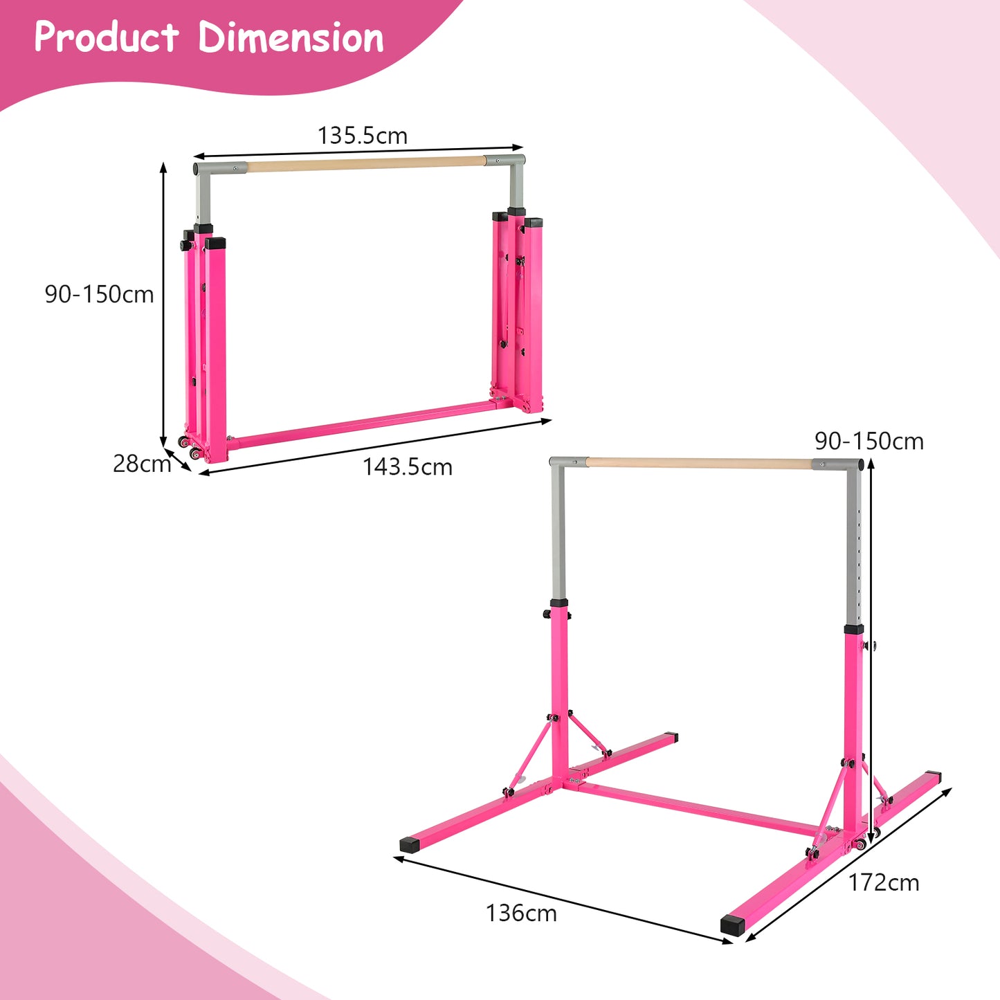 Kids Foldable Gymnastics Bar with 13 Adjustable Height-Pink
