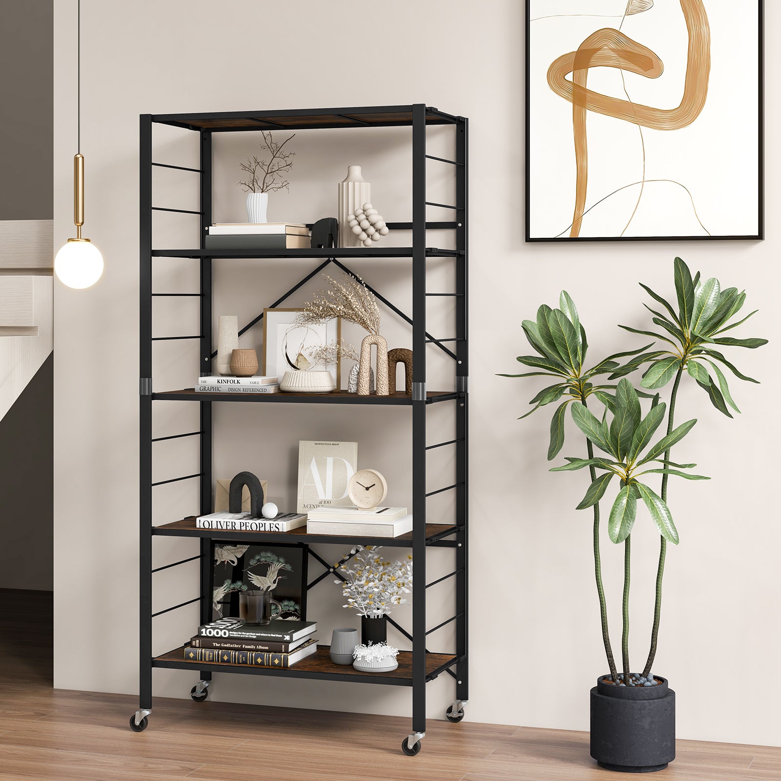 5-Tier Foldable Shelving Unit Metal Shelves with Detachable Wheels-Bla ...