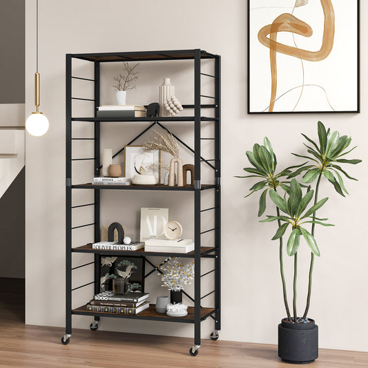 5-Tier Foldable Shelving Unit Metal Shelves with Detachable Wheels-Black