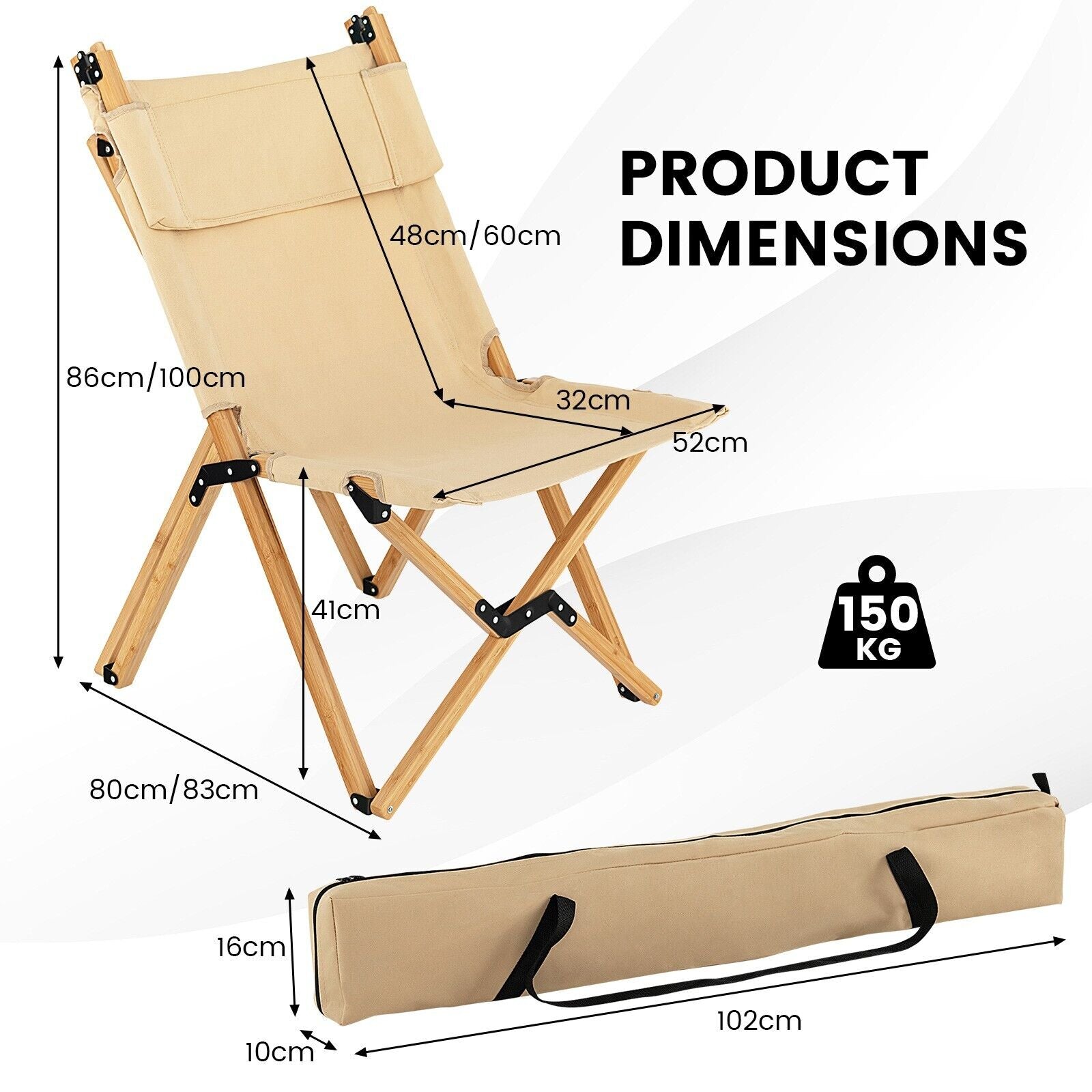 Folding Beach Chair with 2-Level Adjustable Backrest and Carrying Bag-Natural