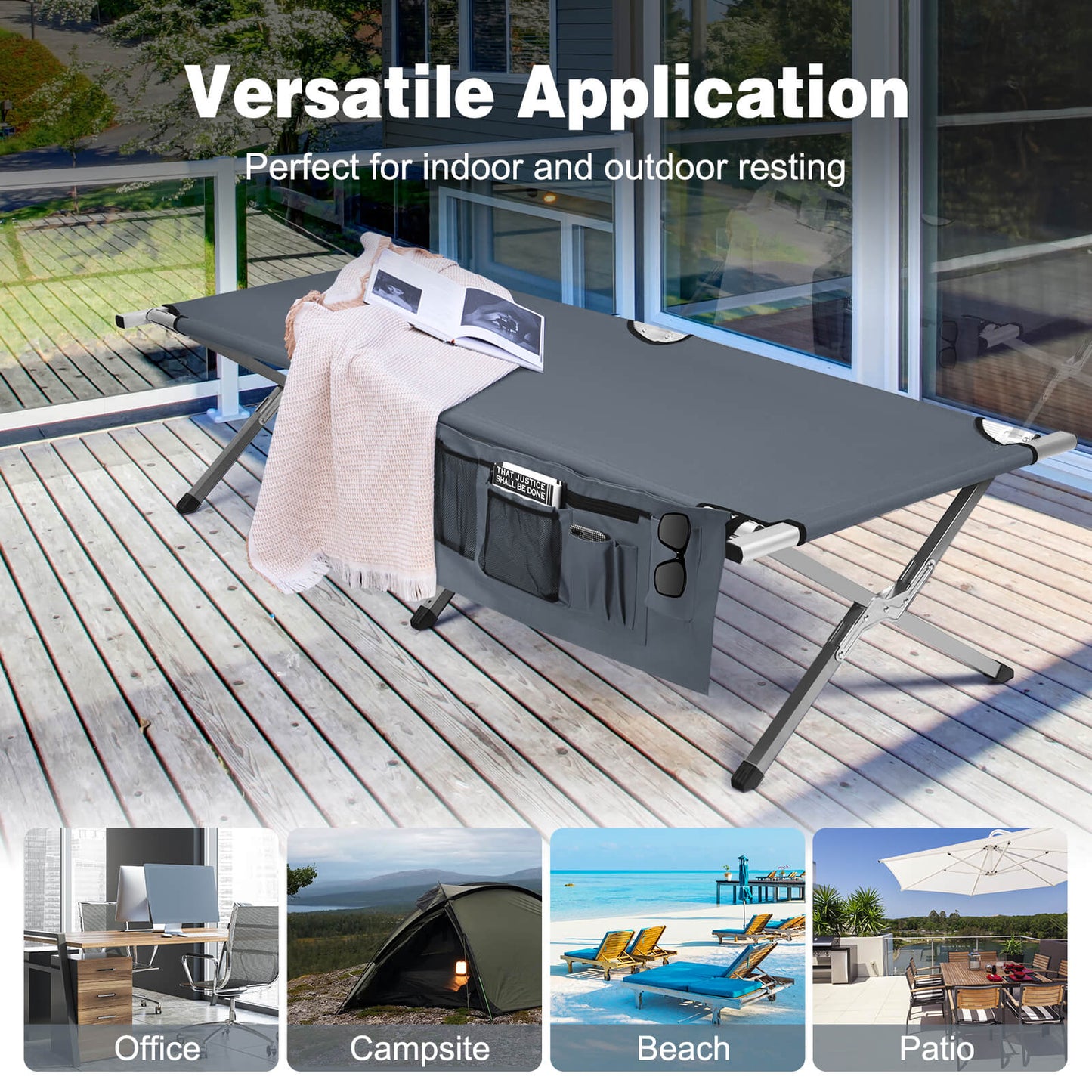 Folding Camping Bed Outdoor Sleeping Cot with Carry Bag for Beach-Grey