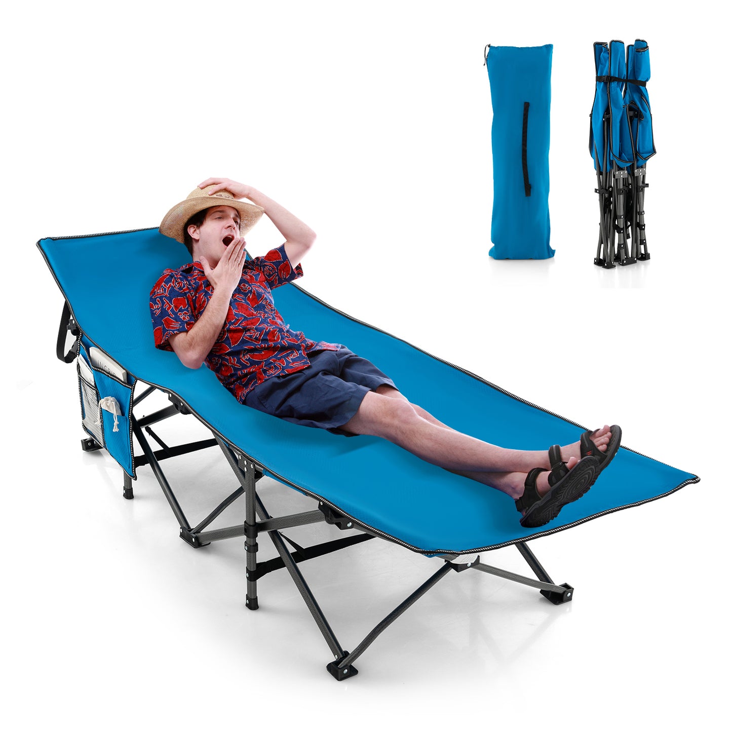 Folding Camping Cot Heavy-duty Sleeping Cot with 3-In-1 Pocket-Blue