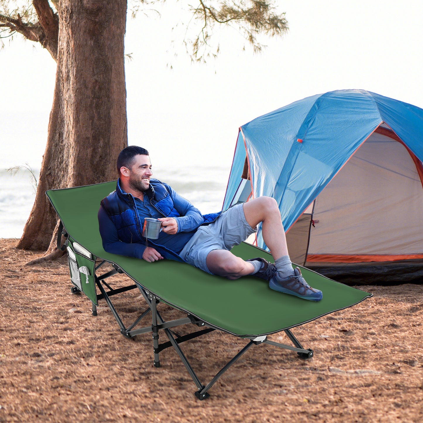 Folding Camping Cot Heavy-duty Sleeping Cot with 3-In-1 Pocket-Green