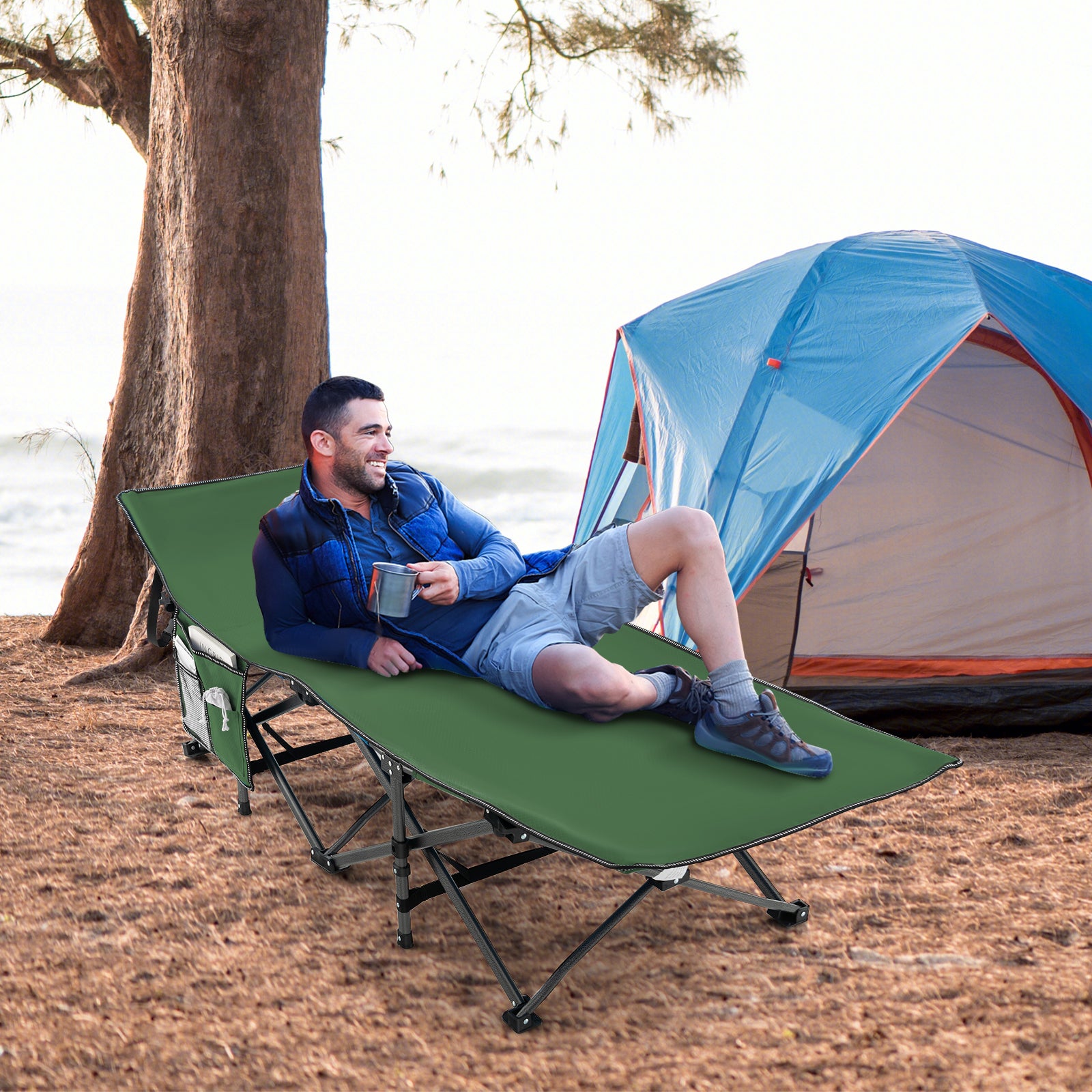Folding Camping Cot Heavy-duty Sleeping Cot with 3-In-1 Pocket-Green