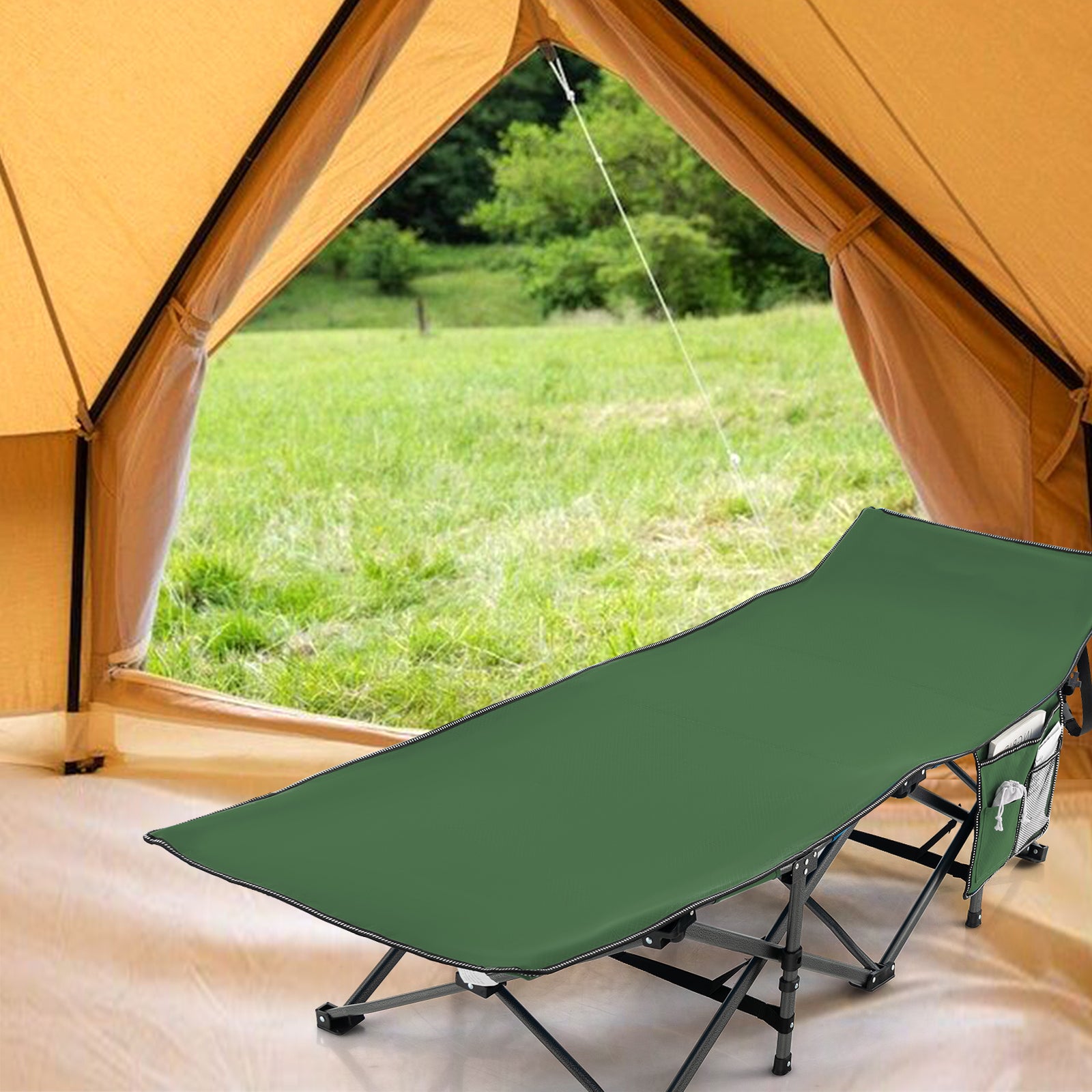 Folding Camping Cot Heavy-duty Sleeping Cot with 3-In-1 Pocket-Green
