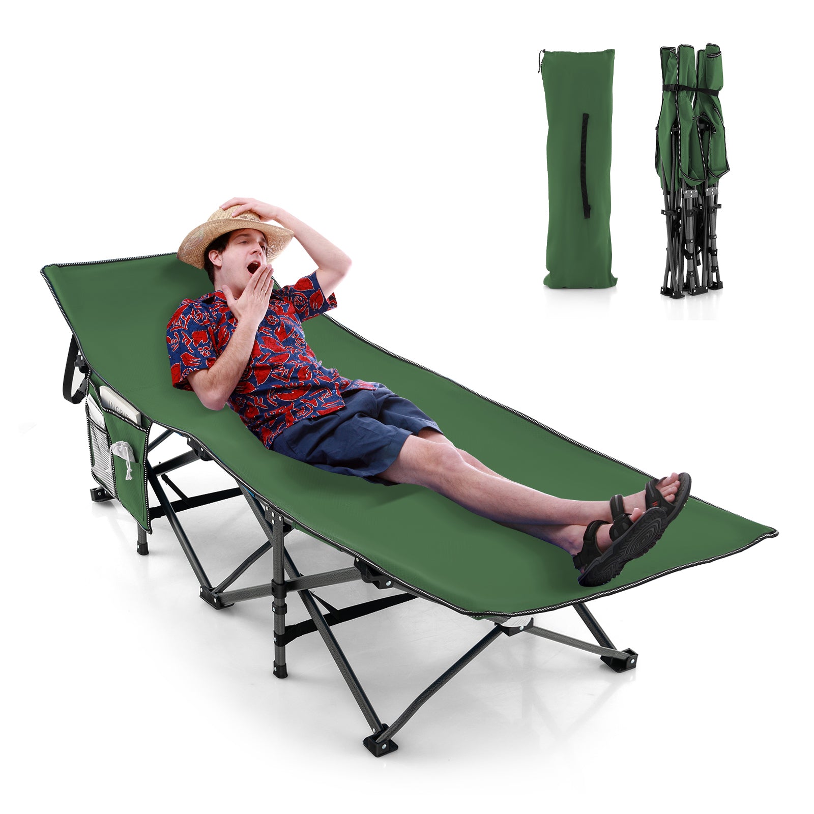 Folding Camping Cot Heavy-duty Sleeping Cot with 3-In-1 Pocket-Green