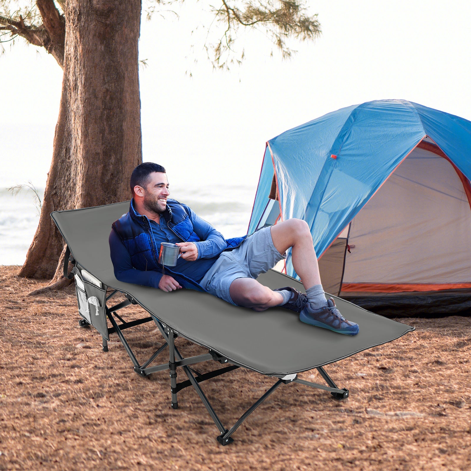 Folding Camping Cot Heavy-duty Sleeping Cot with 3-In-1 Pocket-Grey
