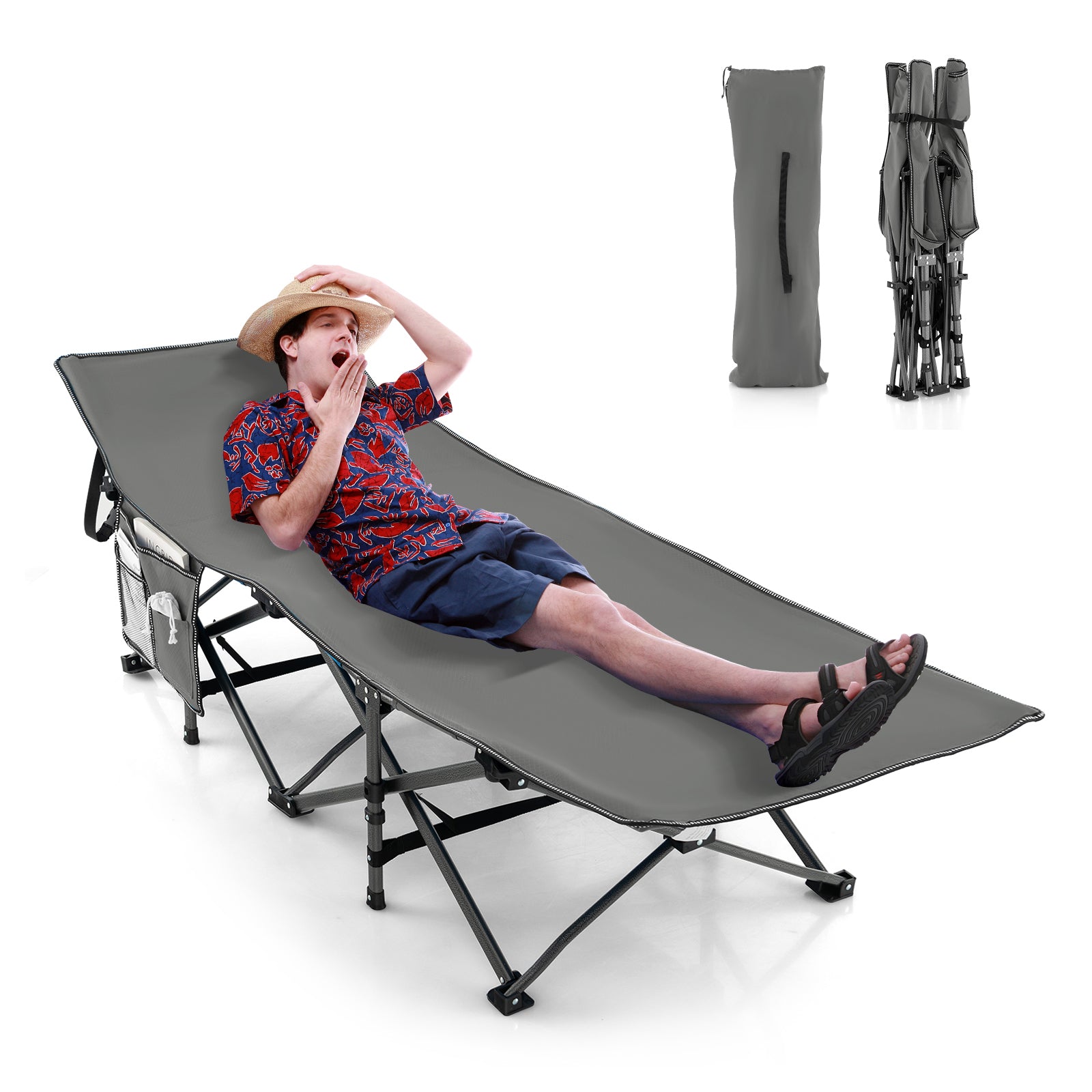 Folding Camping Cot Heavy-duty Sleeping Cot with 3-In-1 Pocket-Grey