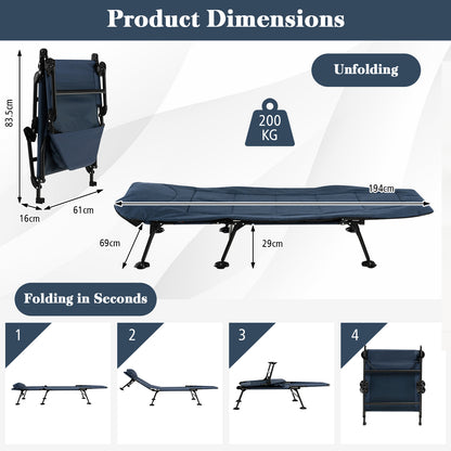 Folding Camping Cot with Detachable Mattress and 6-Position Adjustable Backrest-Navy