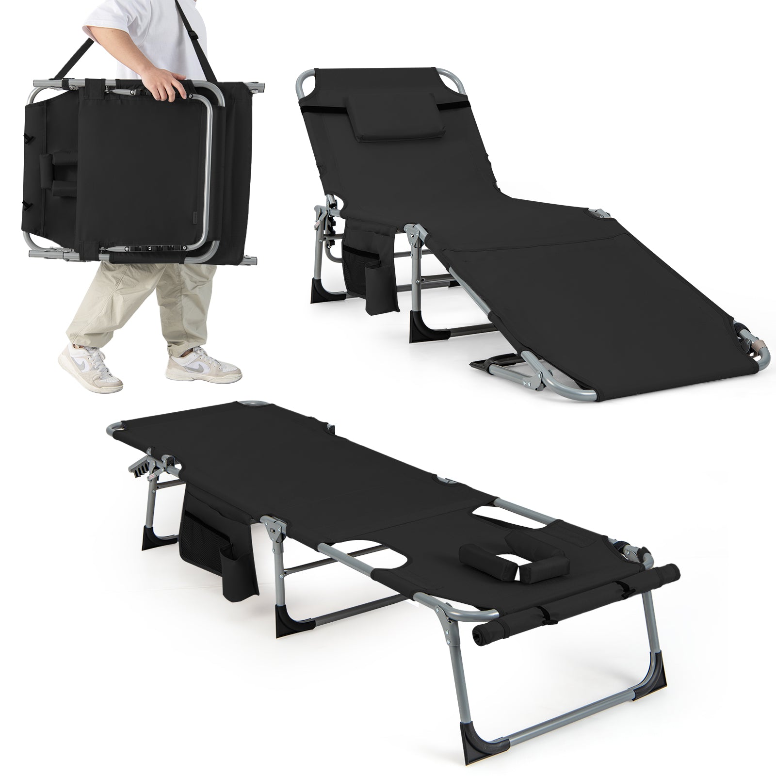 Outdoor 5-position Folding Chaise Lounge Chair with Adjustable Footrest-Black