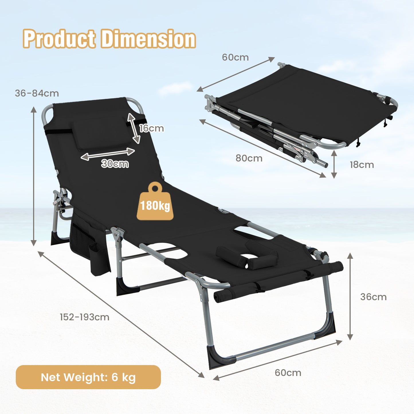 Outdoor 5-position Folding Chaise Lounge Chair with Adjustable Footrest-Black