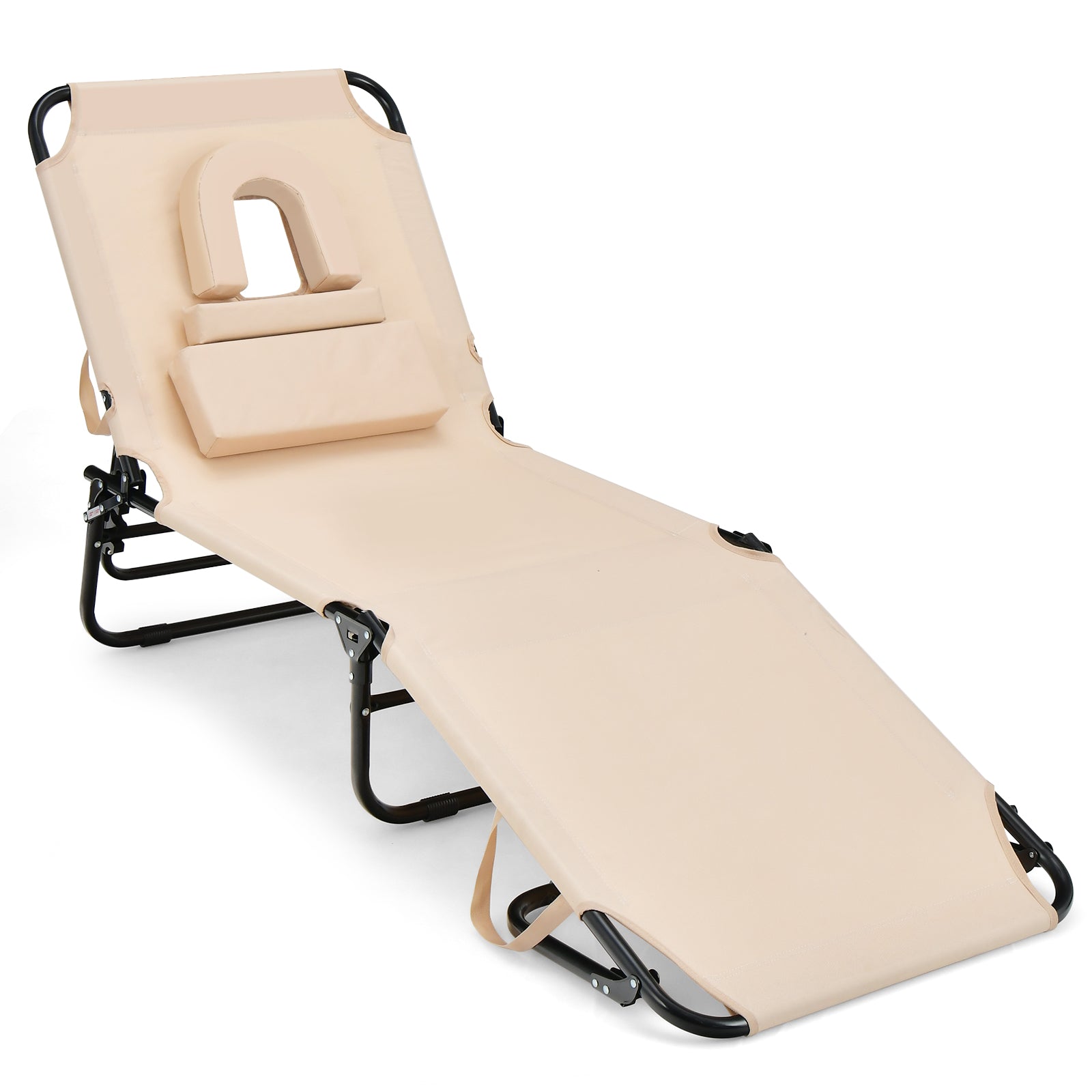 Folding Chaise Lounge Chair with Face Hole and Removable Pillows-Beige