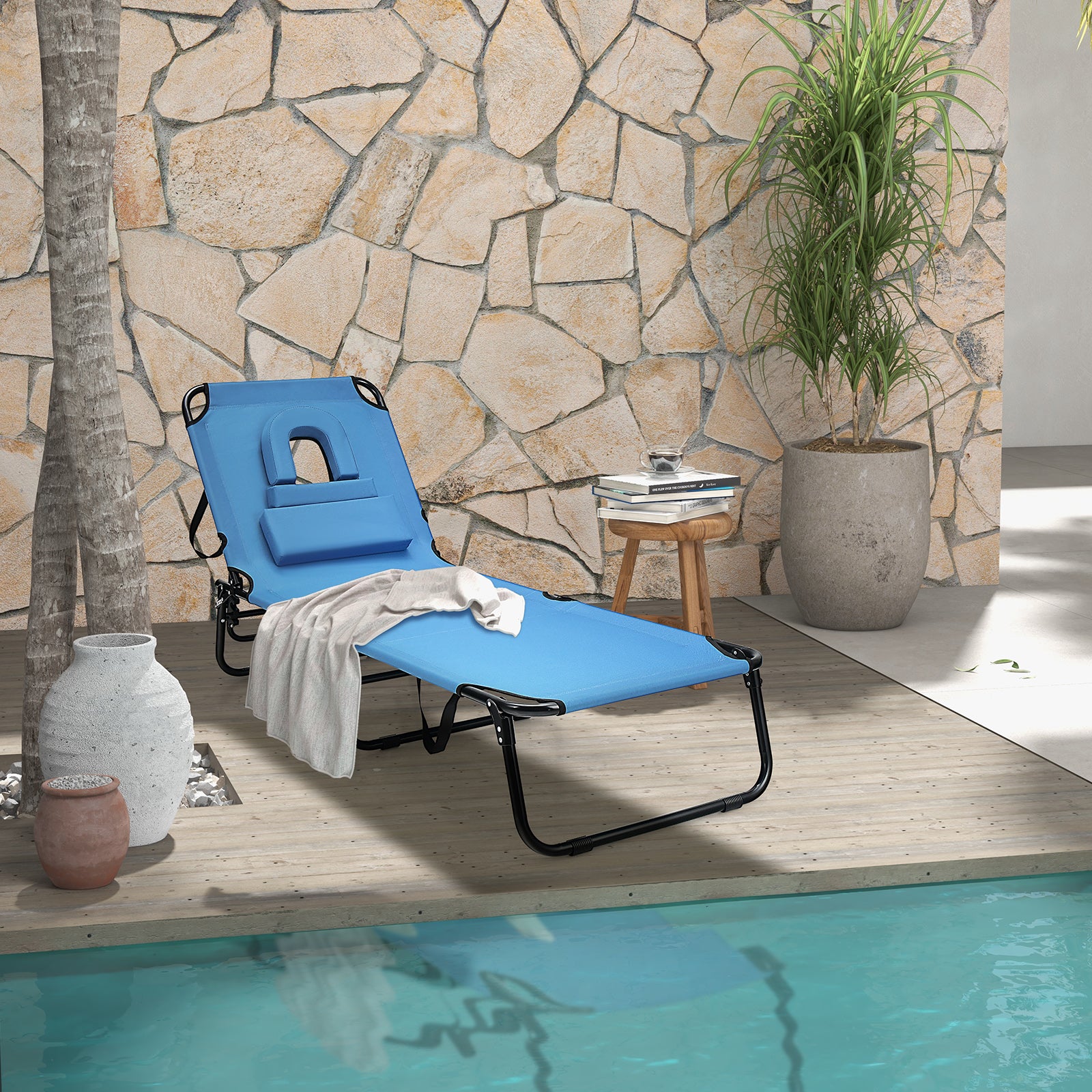 Folding Chaise Lounge Chair with Face Hole and Removable Pillows-Blue