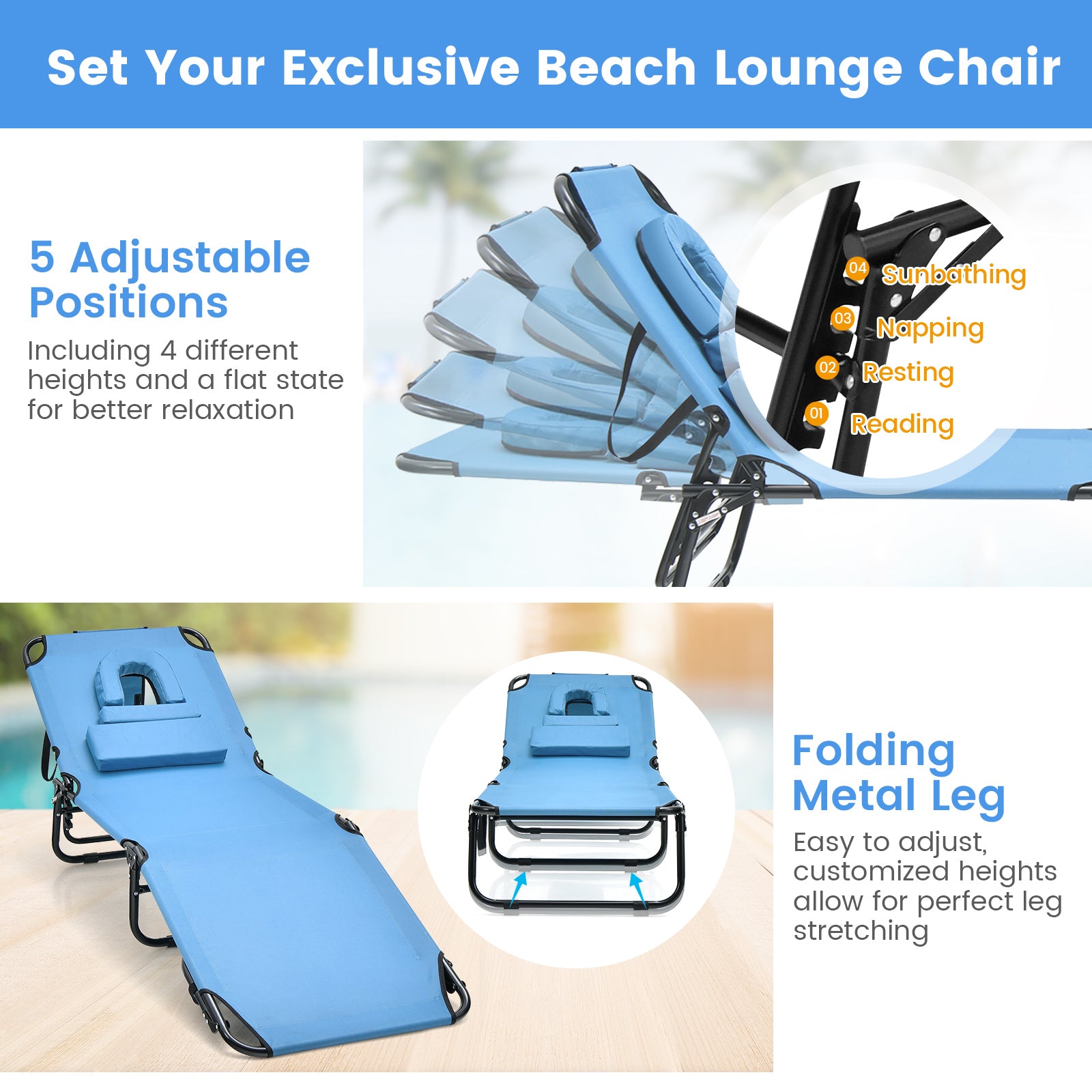 Folding Chaise Lounge Chair with Face Hole and Removable Pillows-Blue